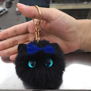 1Pcs Cute Black Cat Keychain Plush Cartoon White Kitty Toy Pendant Keyring For Women Girls Kids Gift Ornament